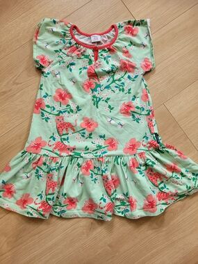Polarn O Pyret Mint Green Floral & Cat Ruffle Dress